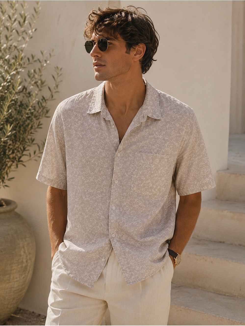 H&M Linen Floral Resort Button-Up Shirt